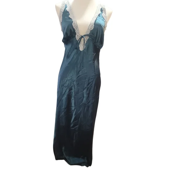 WILD FABLE turquoise satin white lace trim maxi slip dress y2k medium - Picture 2 of 8